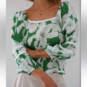 Tahari 100% Linen Green White Botanical Floral Square Neck Top ** Sz L